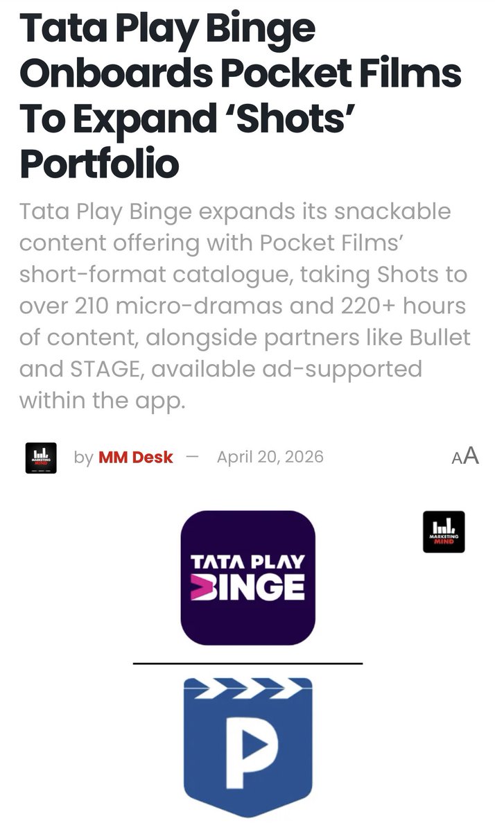 pocketfilmsin's tweet photo. We are proud to partner with Tata Play Ltd Binge and bring Pocket Films content to a wider audience through #Shots. https://t.co/fifG84F4vg
