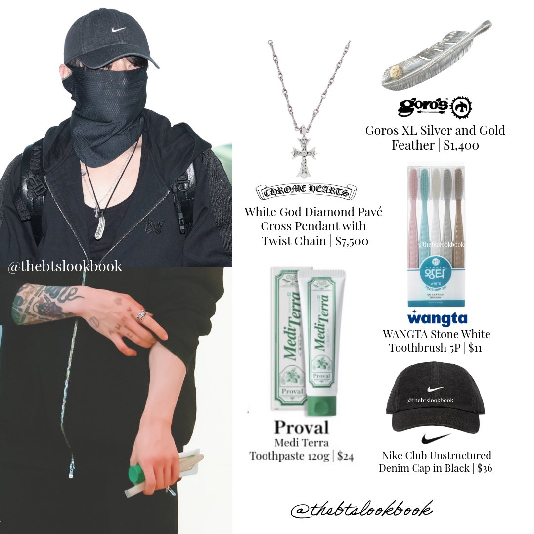 thebtslookbook's tweet image. Jungkook wearing Chrome Hearts “Diamond Cross Necklace”, GOROS “XL Silver and Gold Feather” Nike “Denim Cap”, Wangta “Toothbrush” and Medi Terra “Toothpaste”

#jungkook #jk #전정국 #정국 #BTS #thebtslookbook #jkfashion #방탄소년단 #jungkookstyle #btsstyle #BTS_WORLDTOUR_ARIRANG