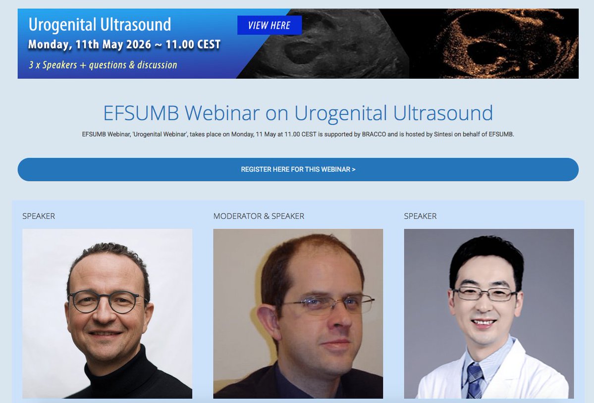 efsumb_kosmos's tweet image. 📅 Join us on 11 May 2026 for the next webinar hosted by EFSUMB

Dive into the latest insights on urogenital ultrasound, expand your knowledge, and stay at the forefront of clinical practice.

🔗 Register now!

#Ultrasound #MedicalEducation #EFSUMB #Urogenital