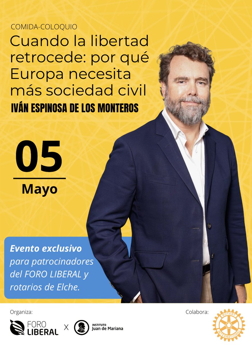 EsForoLiberal's tweet photo. Comida coloquio privada en Elche con @ivanedlm

“Cuando la libertad retrocede: por qué Europa necesita más sociedad civil”

Exclusivo patrocinadores del Foro Liberal y rotarios de Elche.
¿No eres miembro?
Hazte socio del Foro Liberal. https://t.co/qJFuwsWC1F https://t.co/PcKATVcwXU