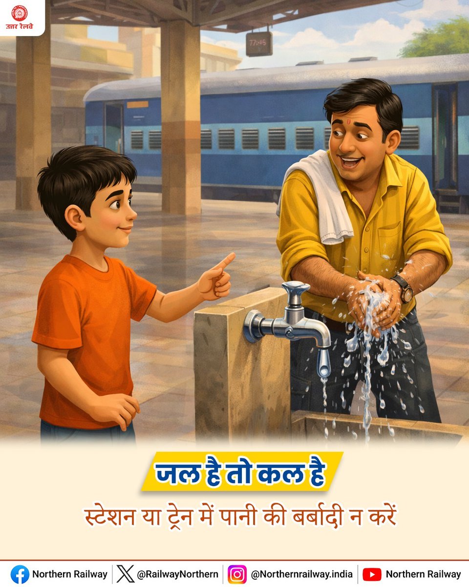RailwayNorthern's tweet image. अपनी रेलयात्रा के दौरान छोटी-छोटी बातों को ध्यान में रखकर हम बड़ा बदलाव ला सकते हैं।

कभी भी नल खुला दिखे तो उसे तुरंत बंद करें। जरूरत अनुसार ही पानी का उपयोग करें और अन्य यात्रियों को भी ऐसा करने के लिए जागरूक करें।

#SaveWater #ResponsbileRailYatri