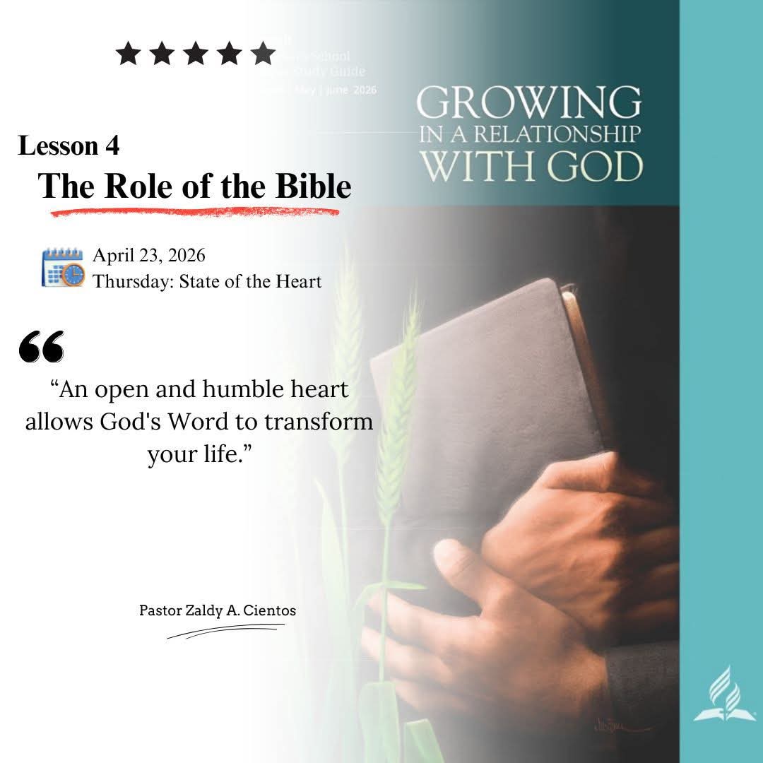 Godwakeupcall's tweet image. 𝐋𝐞𝐬𝐬𝐨𝐧 𝟒: 𝐓𝐡𝐞 𝐑𝐨𝐥𝐞 𝐨𝐟 𝐭𝐡𝐞 𝐁𝐢𝐛𝐥𝐞 
April 23, 2026
Thursday: State of the Heart 

#SabbathSchoolLesson #followers #highlights #TakeAway #dailymotivation #QuoteOfTheDay