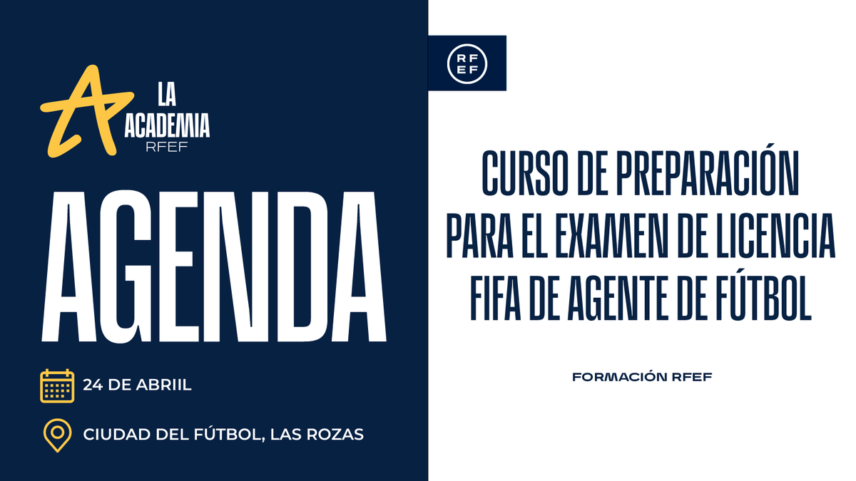 AcademiaRFEF's tweet photo. 👨🏻‍🎓👩🏻‍🎓⚽️AGENDA | Sesión presencial del curso de preparación para el examen de ‘𝗟𝗶𝗰𝗲𝗻𝗰𝗶𝗮 𝗙𝗜𝗙𝗔 𝗱𝗲 𝗔𝗴𝗲𝗻𝘁𝗲 𝗱𝗲 𝗙𝘂́𝘁𝗯𝗼𝗹' 

🙋🏻‍♂️ Alfonso Álvarez Cascos
🙋🏻‍♂️ Alberto Ruiz de Aguiar
🙋🏻‍♂️ J. M. Espejo

🗓Hoy
⌚️9:30 horas
📍Ciudad del Fútbol

#AcademiaRFEF | #AgenteFIFA https://t.co/8cLCDgwjlf