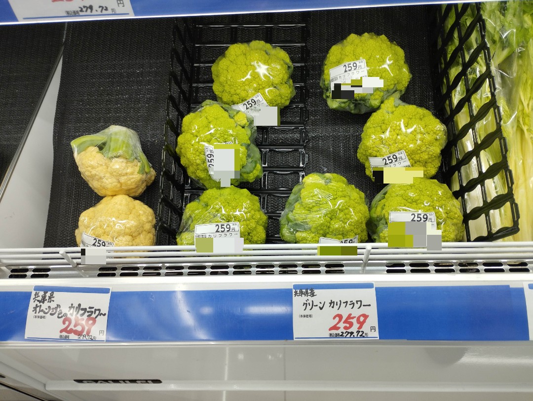 _llca's tweet photo. ロマネスコがグリーンカリフラワーとして売られてる…と思ったら普通に緑のカリフラワーもあるらしい
よく見たら円錐じゃないし
左のはオレンジカリフラワーじゃなくて『オレンジ色のカリフラワー』なのは何か意味あるのかな https://t.co/tM4H428Grg