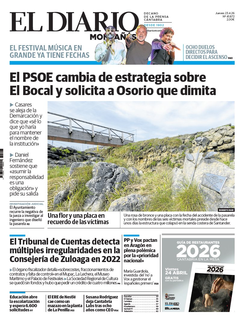 dmontanes's tweet image. Buenos días. Nuestra portada de hoy, jueves, 23 de abril de 2026:

#Cantabria  #Santander