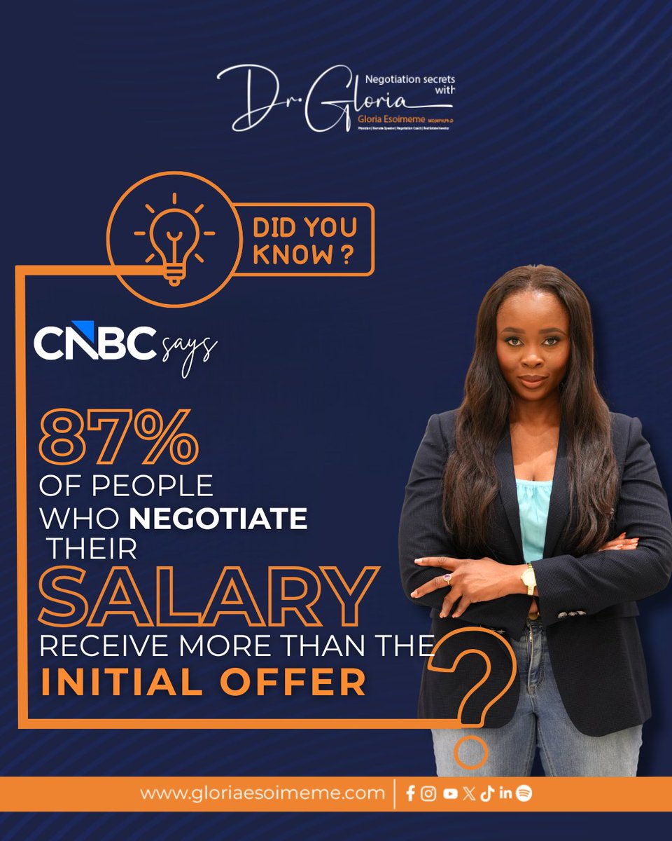 agloww's tweet image. 87% of people who negotiate their salary receive more than the initial offer. 📈
The math is simple: If you don’t ask, the answer is always "No."✨

#Negotiation #CareerAdvice #WealthMindset #Leadership #Drgloria