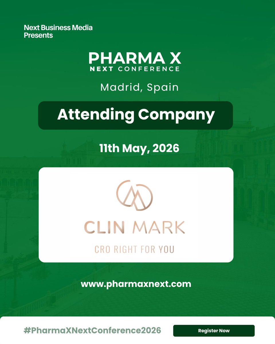 pharmaxnextcon's tweet image. 🐝🌍 Attending Company Announcement

We are pleased to welcome Clinmark as an attending company at the @pharmaxnextcon 2026 in Madrid.

📍 Madrid, Spain | 11th May 2026

#PharmaXNext #ClinicalResearch #CRO #Biotech #PharmaInnovation #HealthcareLeadership #DrugDevelopment