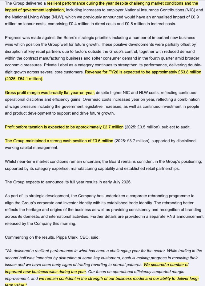 1James1n1's tweet image. #CRL - FY TU

➡️FY Rev of £53.8m is flat on PY &amp;amp; PBT of £2.7m is down on PY £3.5m.
➡️Cash flat at £3.6m .
➡️Reckons they "secured a number of important new business wins during the year".
➡️Confident in strength of business model.
➡️Returns to "Potter &amp;amp; Moore" ( #PAM) name.