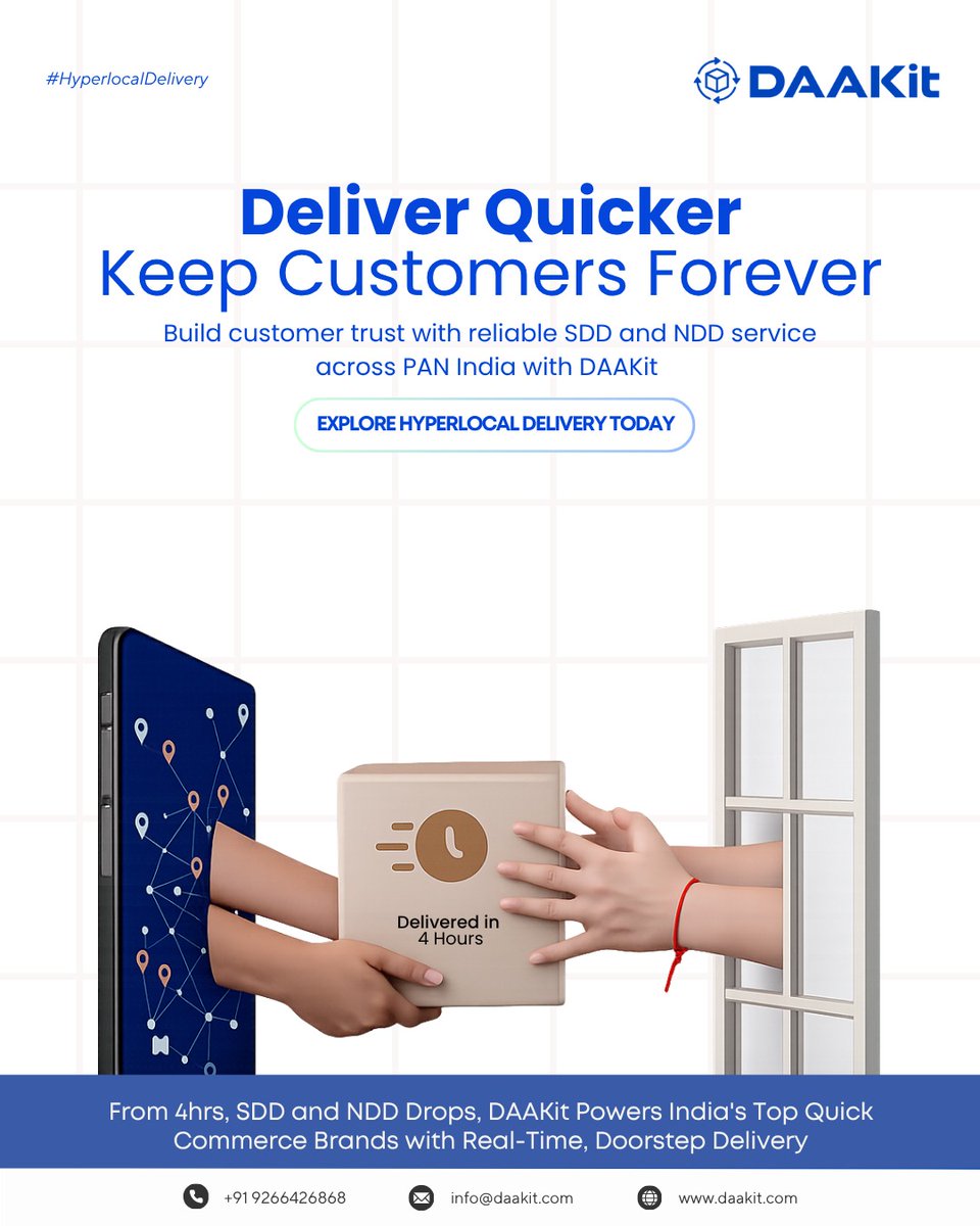daakit's tweet photo. Your customers expect speed DAAKit delivers it. 

 4-Hour, Same-Day &amp; Next-Day delivery across PAN India powered by hyperlocal fulfillment, smart routing &amp; real-time tracking. Deliver quicker. Keep customers forever. 🚀
.
#DAAKit #QuickCommerce #SameDayDelivery https://t.co/wAaxIQwcFc