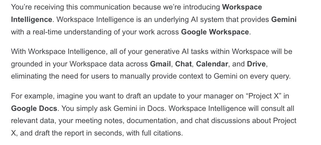 JanSpoerer's tweet photo. Gemini is apparently getting full access to all user and organization data in Google Workspaces.

Just saw this email from Google in my inbox.

Would be exciting if it worked well. https://t.co/lLL8T1U8QF