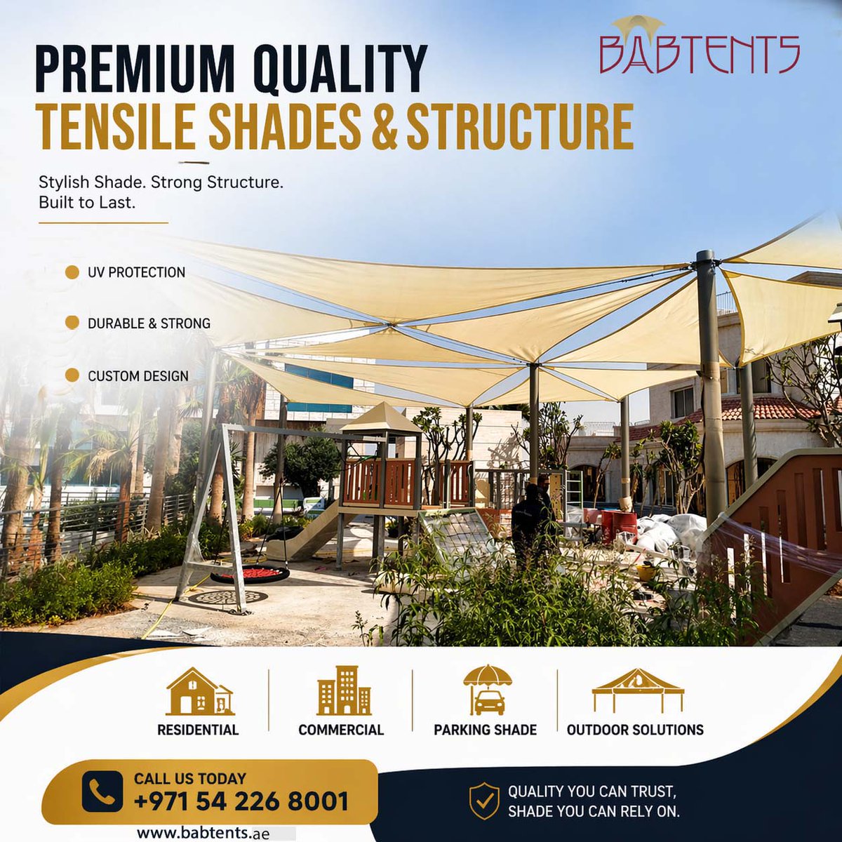 Babtentuae's tweet photo. PREMIUM QUALITY
 TENSILE SHADES &amp; STRUCTURE

 ·  UV &amp; Heat Protection 
·  Weather-Resistant Materials 
·  Durable Steel Structures 
·  Elegant &amp; Modern Designs 
·  Custom Sizes Available
 
 📞 +971 54 226 8001
🌐 https://t.co/8JQ6z40bEM https://t.co/1JFWEbmQ9p