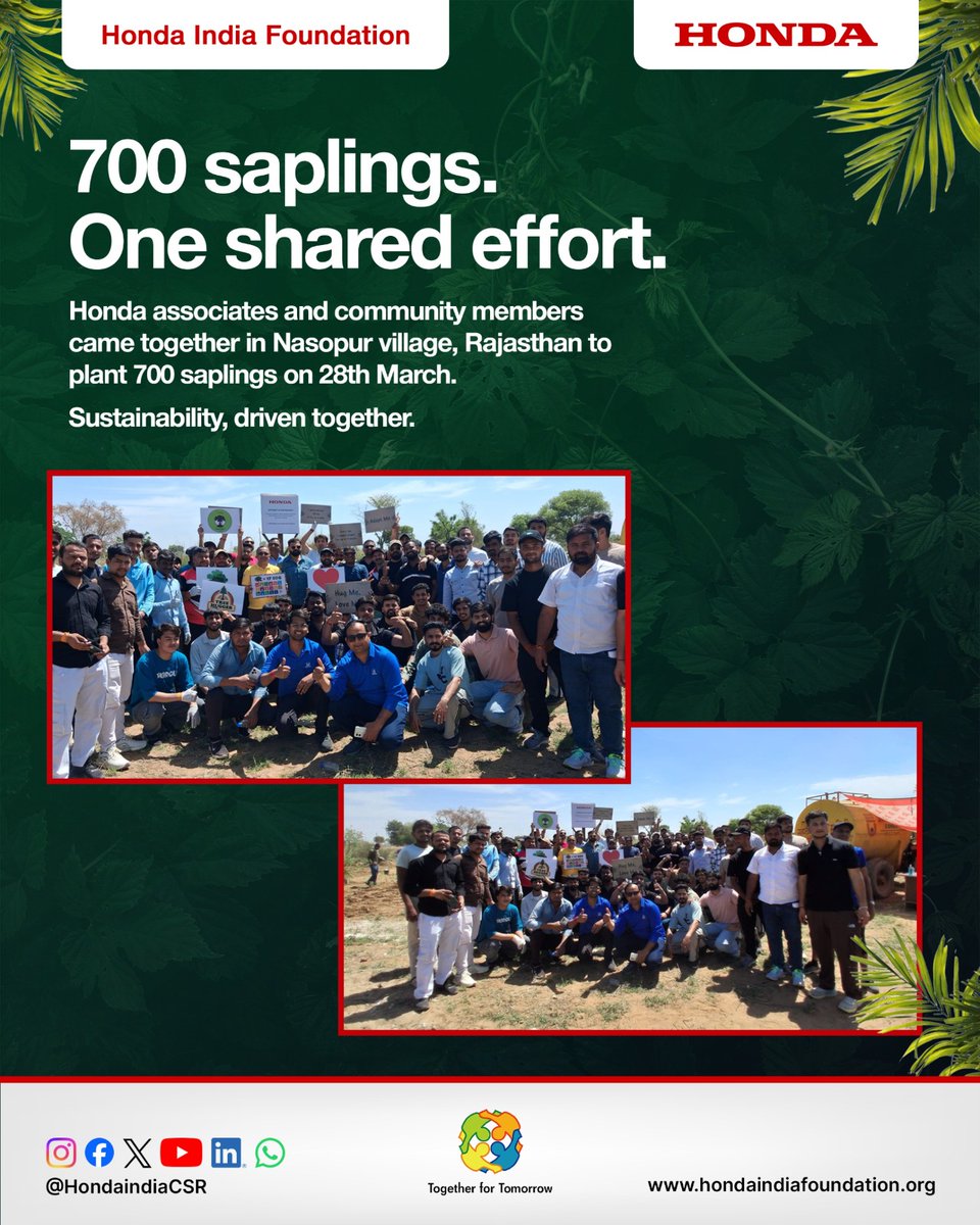 Sustainability is most effective when it is driven collectively.

In Nasopur village, Rajasthan, a plantation drive led to the planting of 700 saplings with active participation from 80 Honda associates and community members. Beyond increasing green cover, the initiative reflects