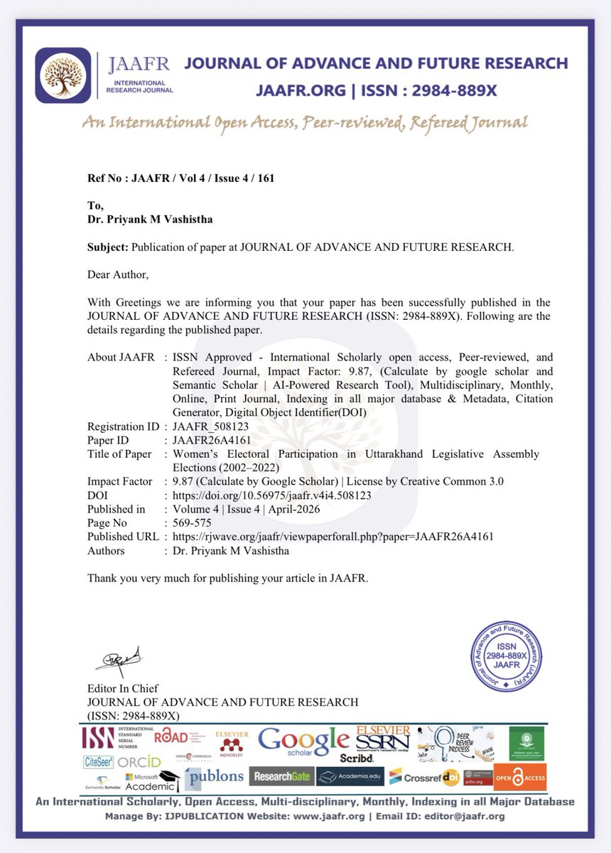 Priyankpmv's tweet photo. I am delighted to share that my research paper titled “Women’s Electoral Participation in Uttarakhand Legislative Assembly Elections (2002–2022)” has been successfully published in the Journal of Advance and Future Research (JAAFR)
DOI Link - https://t.co/bNrjGphSp7 https://t.co/gXt0bPUISr