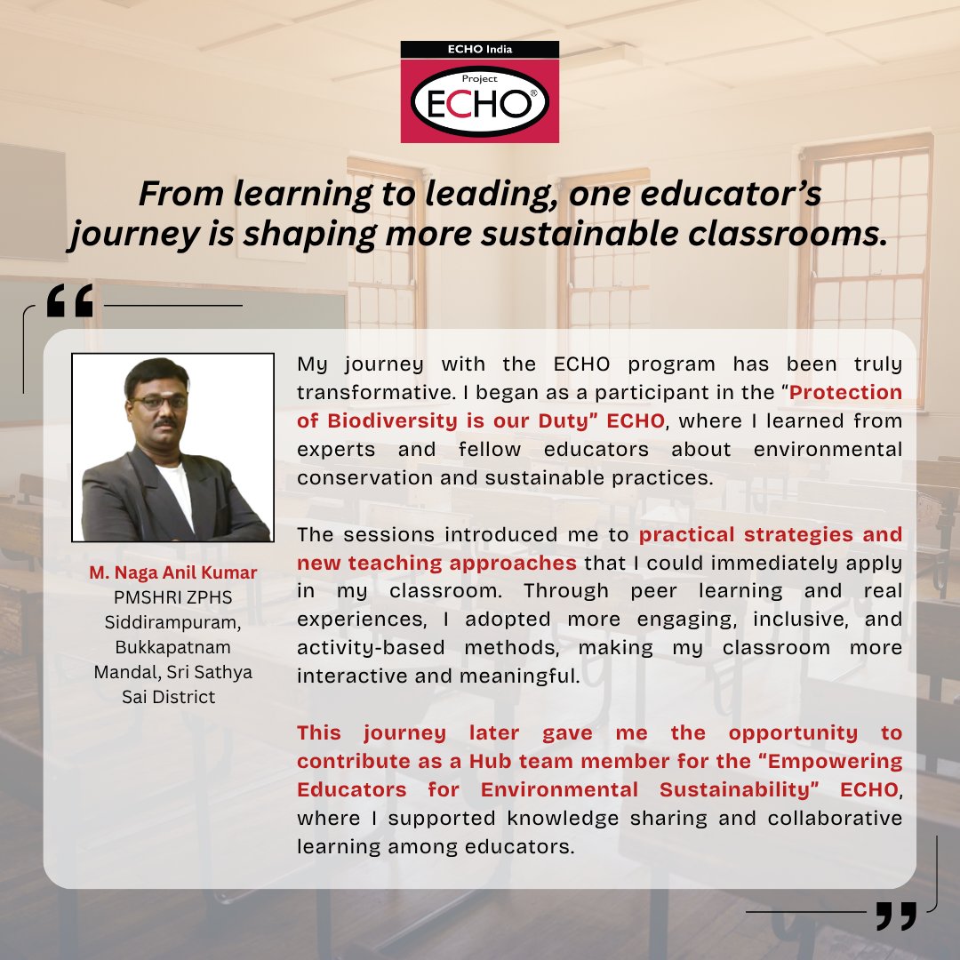 ECHOIndiaTrust's tweet image. For M. Naga Anil Kumar, participating in “Protection of Biodiversity is our Duty” program opened the door to new ideas, practical teaching strategies &amp;amp; more engaging classroom.
#EnvironmentalSustainability #EmpoweringEducators #MovingKnowledgeNotPeople #AllTeachAllLearn
