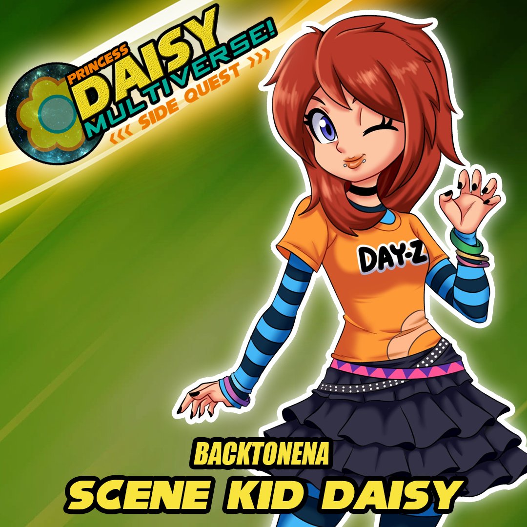 We've travelled even further into the #PrincessDaisy #Multiverse!

Meet Scene Kid Daisy! 🌈🫧🎸

She is playful, hyper &amp; loves to party like the early 2000s! She always wears flashy colour clothes &amp; accessories so she can stand out!

Hanging out with her will surely be a fun time