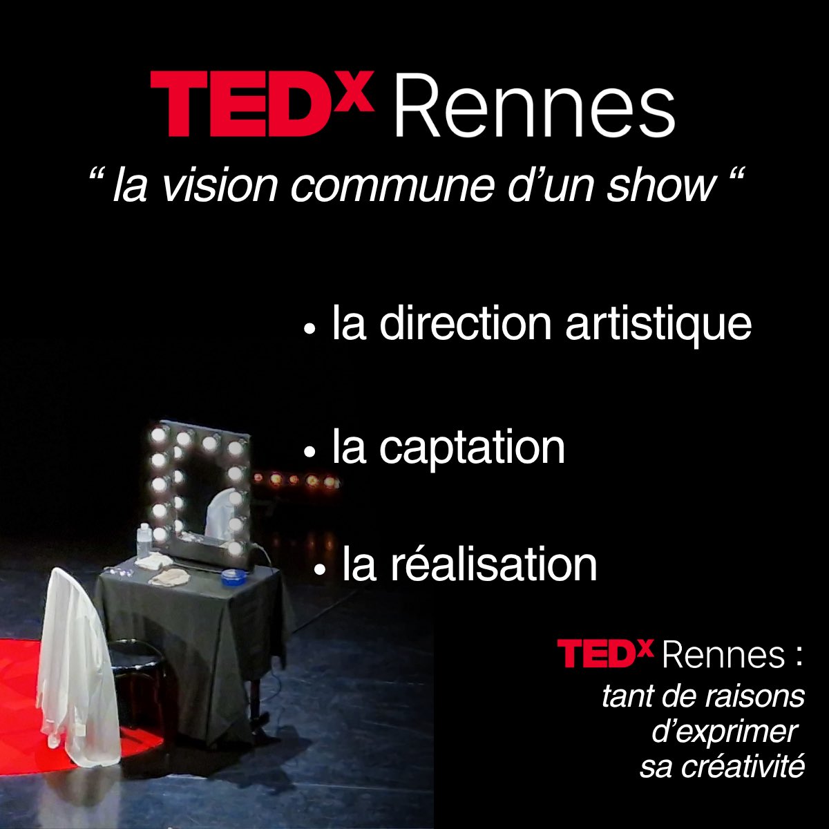 TEDxRennes's tweet photo. ÉQUIPE LE SHOW

Produire un show pour #TEDxRennes c’est quoi ?

3 angles croisés pour une Vision commune :
direction artistique, captation, réalisation.

«Autant dire que la tâche est fantastique, que nous aimons ce que nous faisons et que nous en sommes fier•es!»

#scénographie https://t.co/zdipV2RmL6