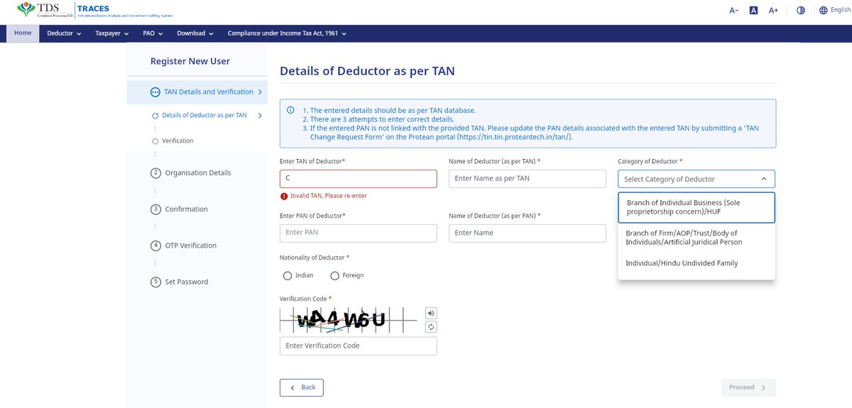mohitgaba's tweet photo. @IncomeTaxIndia @FinMinIndia not able to register Partnership Firm TAN on IT portal as category of deductor is not mentioned on new Traces portal. All partnership firms TAN registration is pending in cases where new TAN is obtained and no filing details available https://t.co/ZTq0OVYoDY
