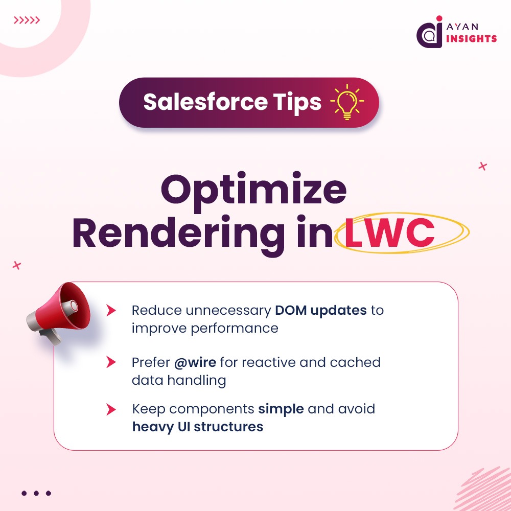 AyanSoftwares's tweet image. Boost your LWC performance with smarter rendering!

Reduce unnecessary DOM updates, use @wire for faster data handling, and keep components lightweight for a smooth user experience.

#Salesforce #LWC #WebDevelopment #CRM #TechTips