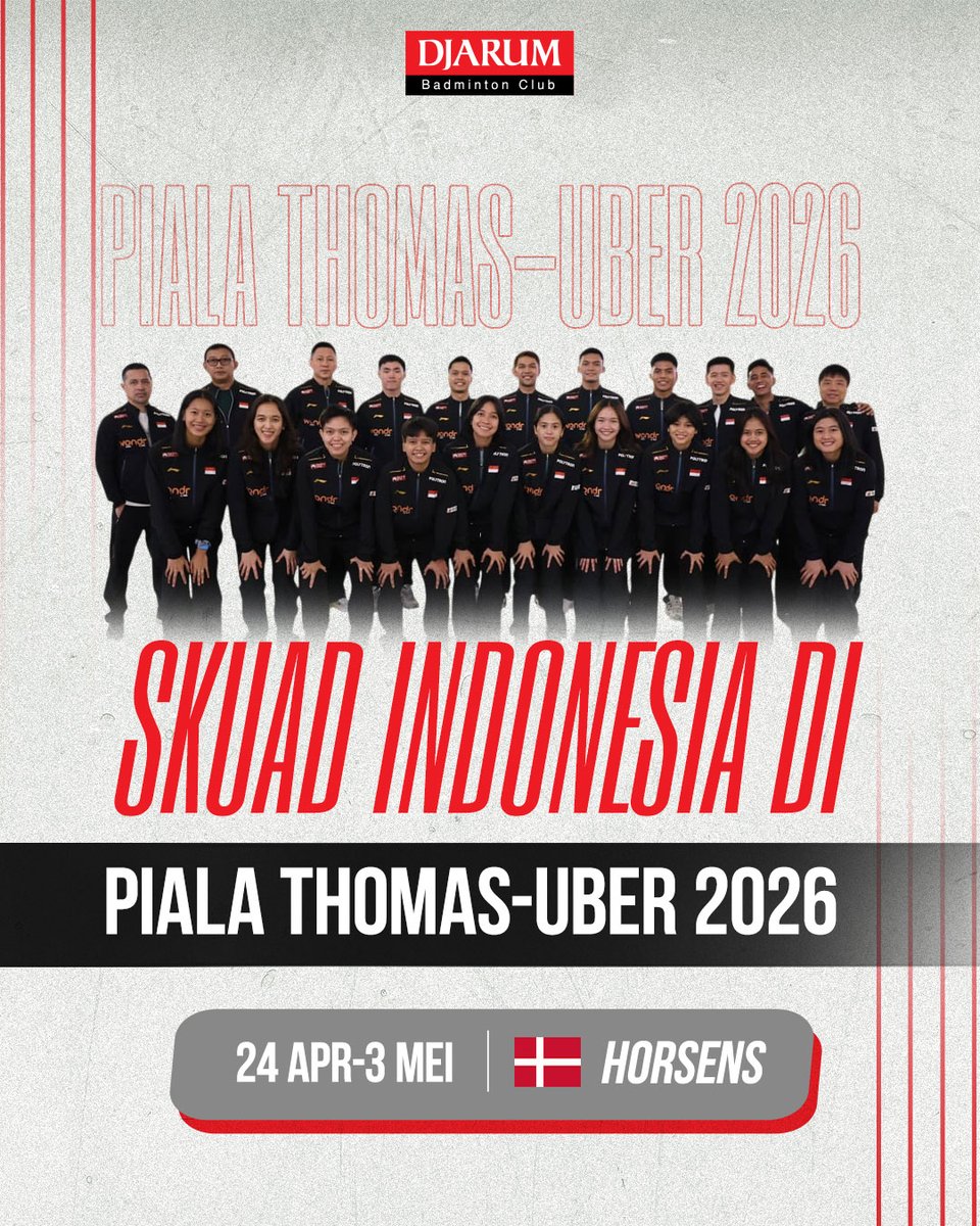 PBDjarum's tweet image. Besok Piala Thomas-Uber 2026 udah dimulai nih, Sobat! Doakan perjuangan tim Indonesia di Denmark, yah! 🙏​

#TUC2026 #tournament #TeruskanSemangatJuara