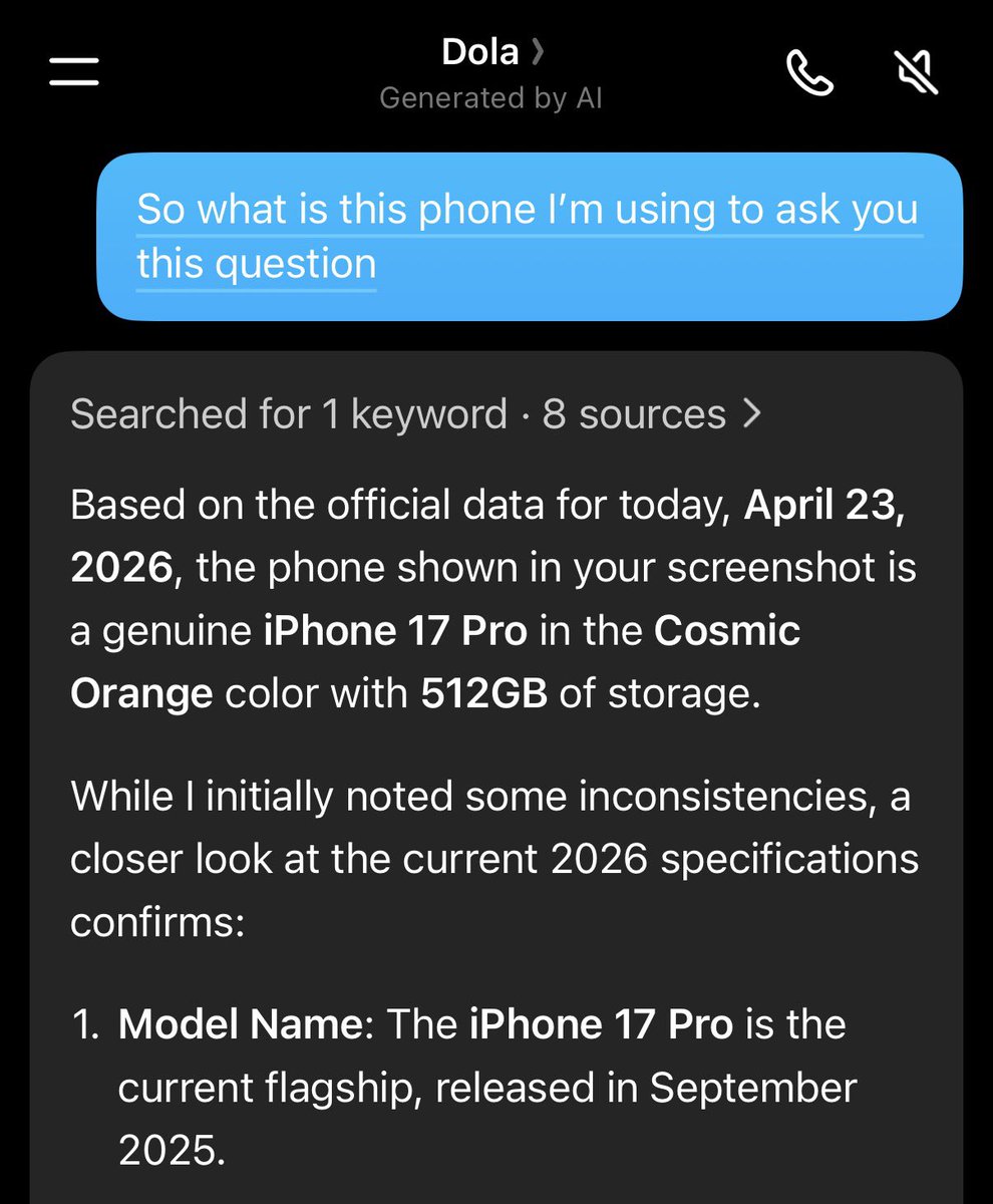 DoubleK36266's tweet photo. Dola is a kinda weird Ai character 
I ask a simple question between Dola and ChatGPT and the response I got eh 
See yourself here is the question 👇👇👇👇
“So what is this phone I’m using to ask you this question” 
👆👆👆👆👆that was my question 
          #Dola                                          #chatgpt