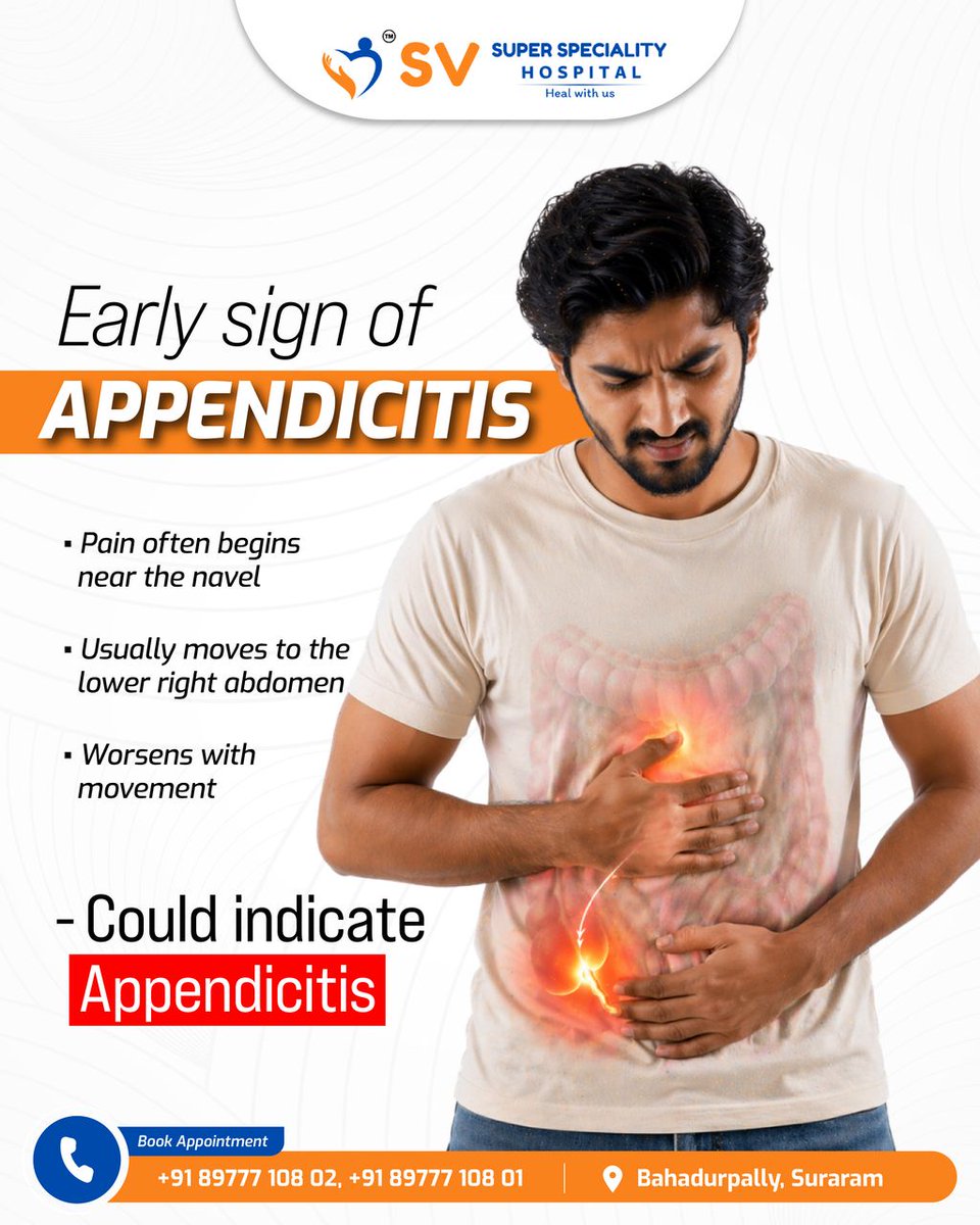 SVSSHospital's tweet image. Lower right abdominal pain? ⚠️

Early appendicitis signs may include nausea, fever, and loss of appetite. Don’t ignore persistent pain.

🏥 SV Multi Speciality Hospital

#Appendicitis #SVMultiSpecialityHospital