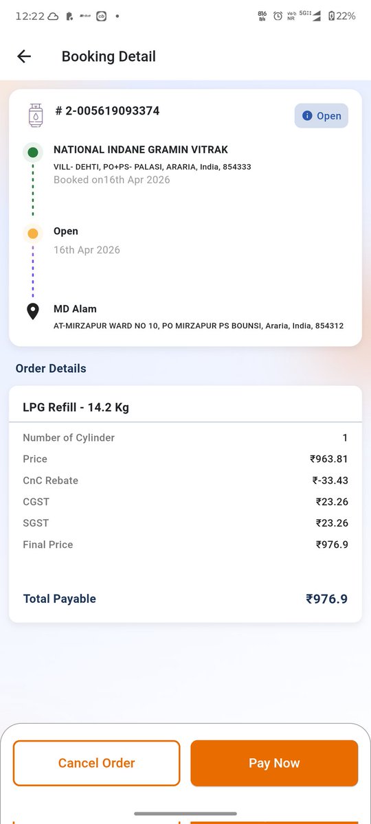 minhaj_sadaf's tweet image. @Indane01 @MoPNG_eSeva @HPCL Mere LPG refill ka order (Booking ID: 2-005619093374) 16th April se "Open" show ho raha hai, lekin abhi tak delivery nahi hui hai  National Indane Gramin Vitrak Araria Kripya is par turant karwai karein #IndaneGas #LPGDelivery #CustomerService #Bihar