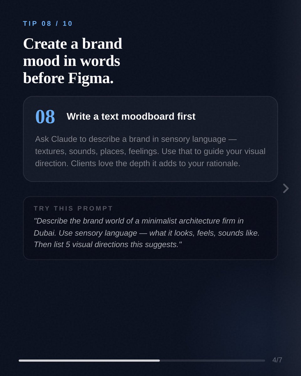 zak_hussain689's tweet photo. Part 1 got you started. Part 2 goes deeper. 5 more ways to use Claude as a design partner tips 06 to 10, each with a copy-paste prompt. 

#Claude · #AI · #designertips · #promptengineering · #aipower https://t.co/oOgR5gxTDb
