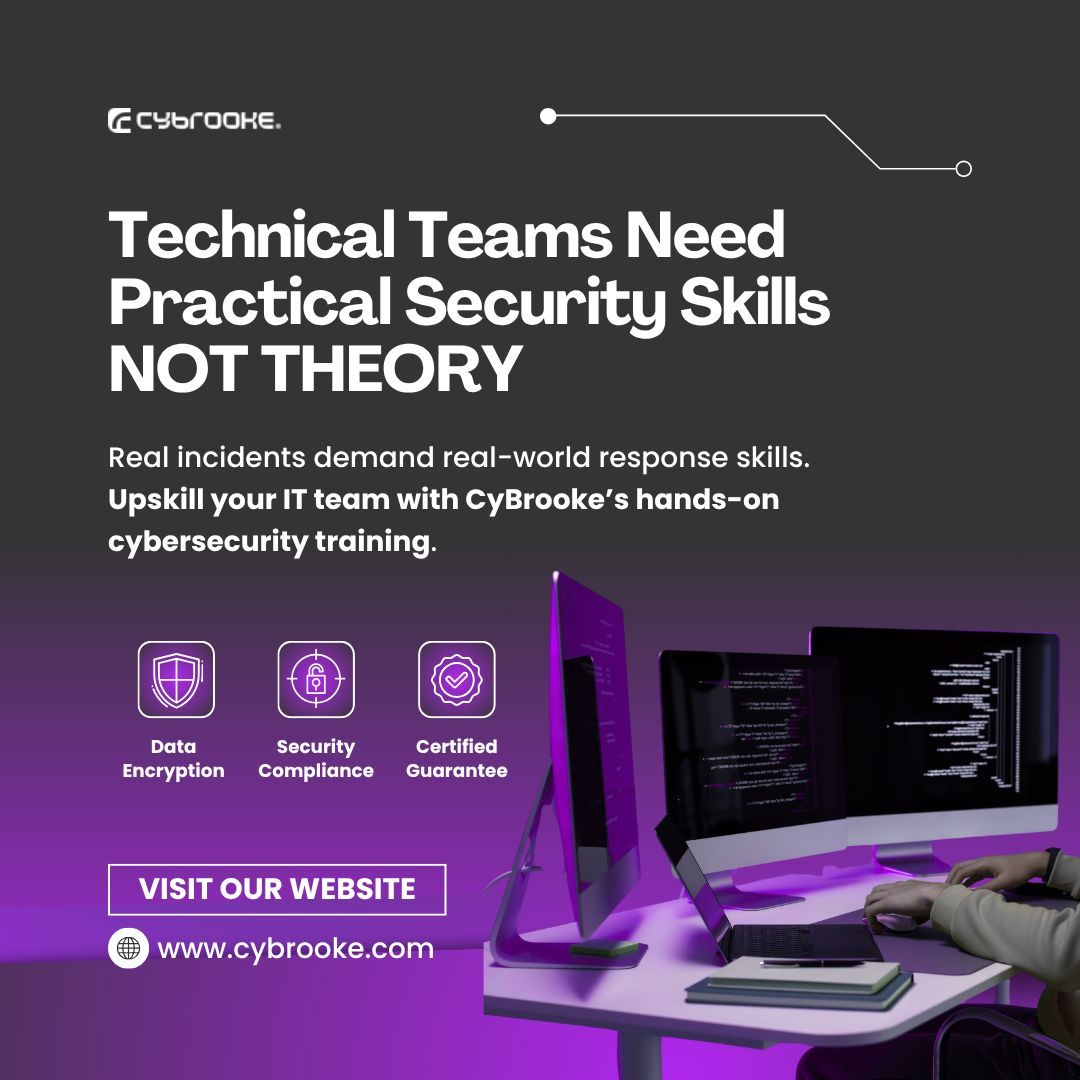cybrookeltd's tweet image. Cyber threats don’t test theory they test response.
Your IT team needs real-world skills, not just knowledge.
Upskill your team with CyBrooke’s hands-on cybersecurity training.
Visit - cybrooke.com/training

#CyberSecurity #ITSecurity #CyberTraining #Infosec #CyBrooke