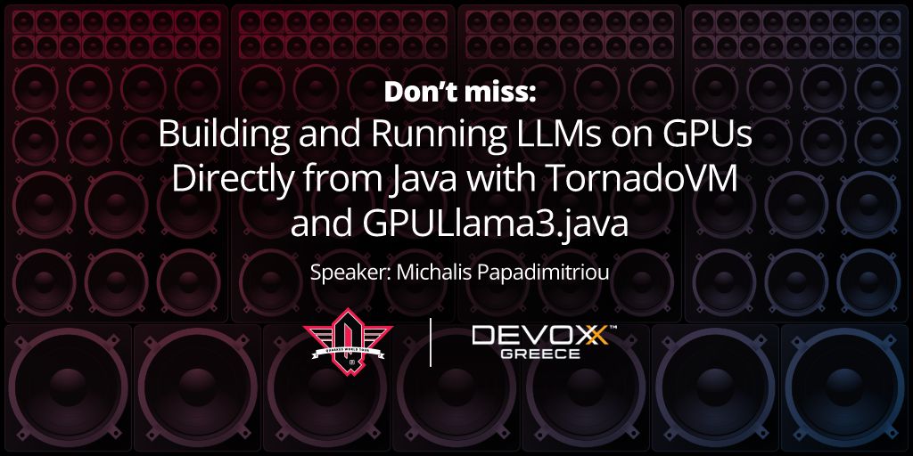 QuarkusIO's tweet photo. At Devoxx Greece today? Check out "Building and Running LLMs on GPUs Directly from Java with TornadoVM and https://t.co/7DhujOJK4Y" with Michalis Papadimitriou at 10:55-11:35 in MC 3.

https://t.co/QiQ3YlbMCl

#quarkusworldtour https://t.co/4vNBxtvtNJ