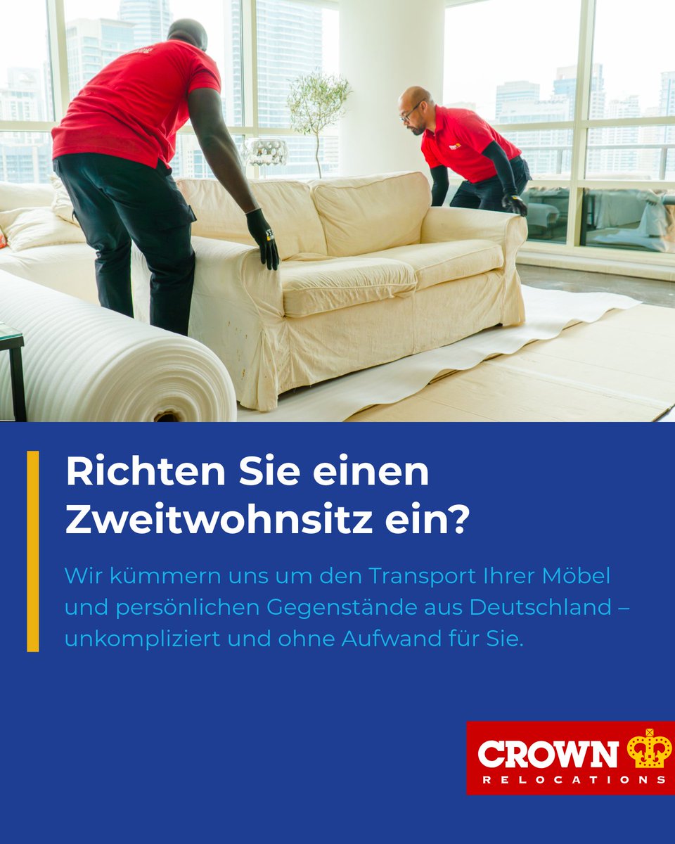 Ein Zweitwohnsitz ist etwas Schönes – bis es ums Organisieren geht.

Möbel, Kisten, persönliche Dinge… alles von Deutschland an den neuen Ort zu bringen, kann schnell kompliziert werden.

👉 Mit Crown Relocations läuft das deutlich einfacher. Wir kümmern uns um Transport, Ablauf