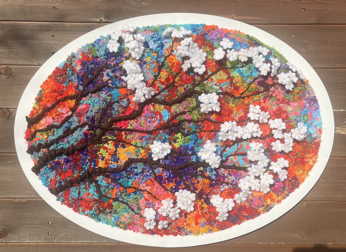 tjaneball's tweet image. Just the border to do now,but almost finished with this #exhibition piece,i used all yarn cut off bits for background,id rather use them than throw them away xx #textileart #embroidery #handstitched