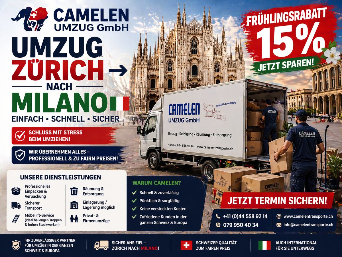 CUmzug's tweet image. 🚛 Umzug Zürich ➡️ Milano 🇨🇭➡️🇮🇹

❗ Stressfrei umziehen ❗

🔥 15% Frühlingsrabatt sichern!

✔ Verpackung &amp;amp; Transport
✔ Möbellift-Service
✔ Schnell &amp;amp; zuverlässig

📞 +41 (0)44 558 92 14
📱 079 950 40 34
🌐 camelentransporte.ch

#Umzug #Zürich #Milano #Italien #Transport