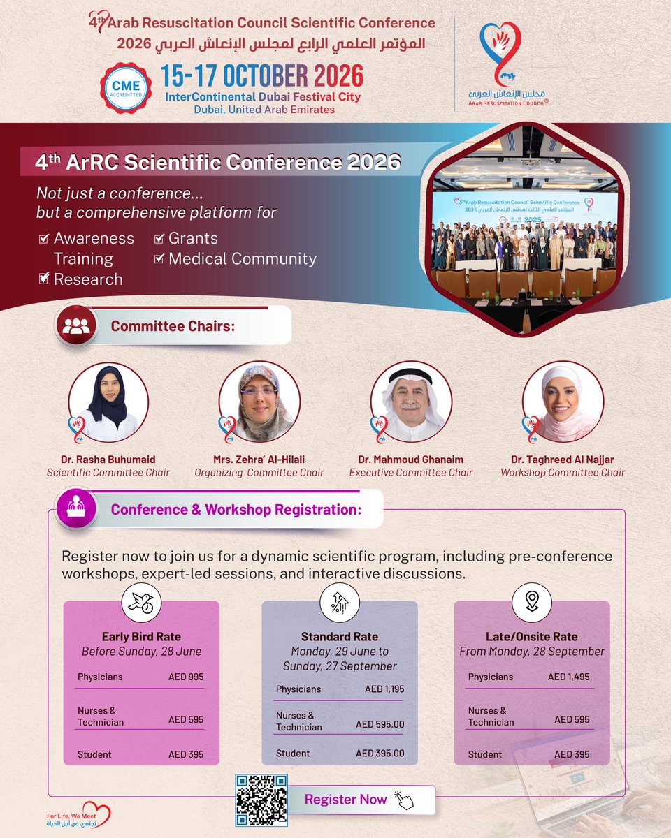 ArabResusC's tweet photo. Join us at the 4th ArRC Scientific Conference 2026.

✔️ Abstract submissions now open
✔️ Research &amp; travel grants available
✔️ Interactive workshops &amp; expert-led sessions

🔗 Register &amp; submit now

https://t.co/nFanVAjtFR

#ArRC #ArRC2026 #ScientificConference https://t.co/ApSeh0FACT