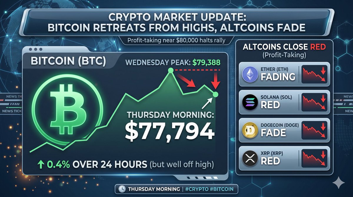 Felix158116's tweet image. Bitcoin loses grip near $80,000 as ETH, SOL, DOGE fade on profit-taking Bitcoin traded at $77,794 on Thursday morning, up 0.4% over 24 hours but well off the $79,388 high hit Wednesday evening, with ether, XRP and Solana all closing red.#bitcoin #RED #FADE