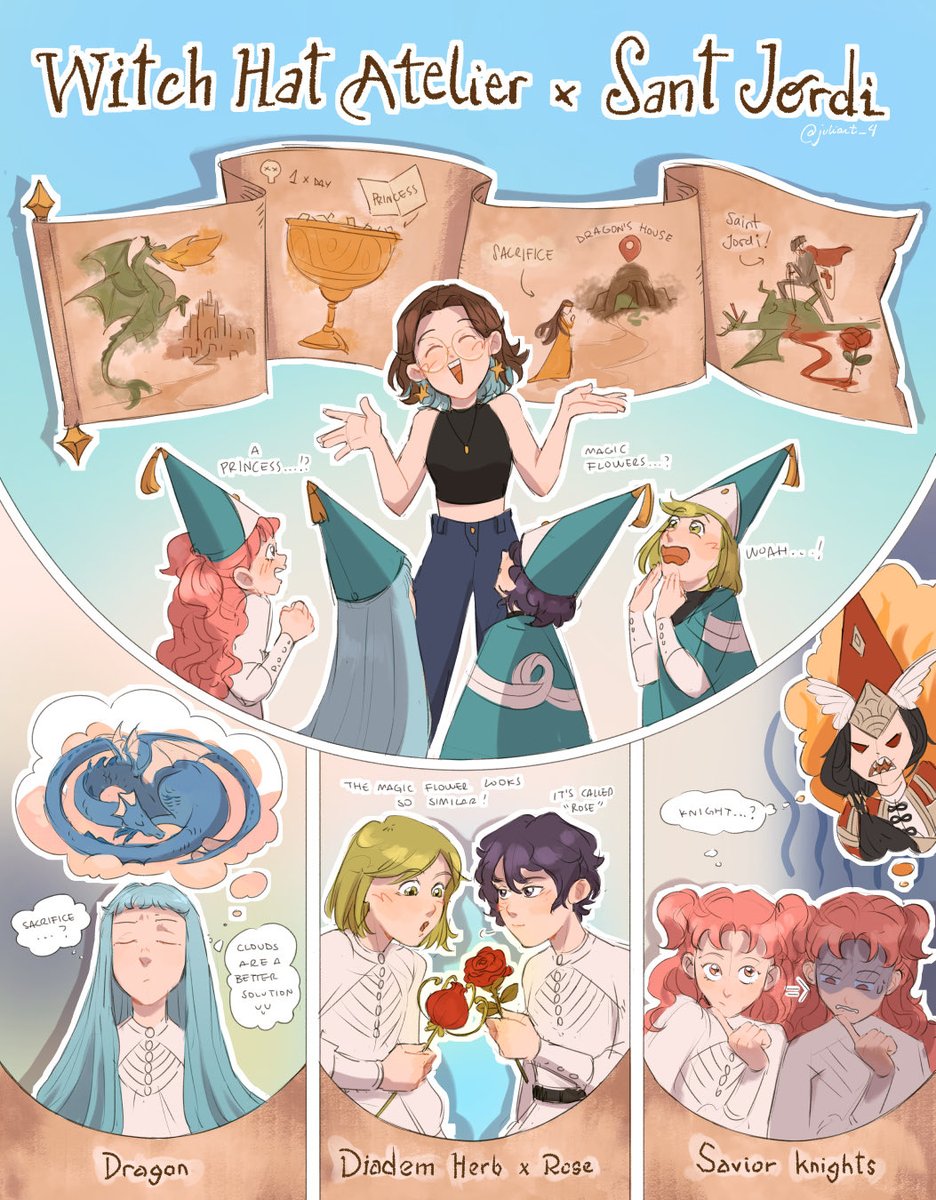 Bona diada de Sant Jordi!!🌹🐉📚
Aquest any no tenia cap idea clara de que fer, però veient el capitol 5 de Witch Hat Atelier, vaig caure en que hi ha molts elements que podrien comparar-se amb la llegenda de Sant Jordi😽 i així és com ha sortit aquesta idea!🫶🏻
#Δ帽子 #SantJordi