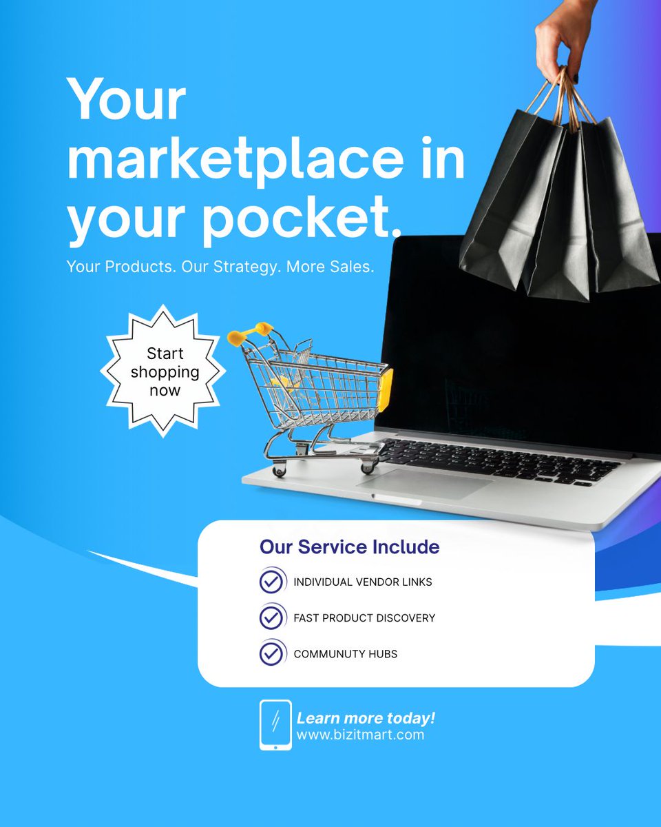 BizitMart's tweet photo. With Bizitmart, selling online becomes easier. You get your own vendor link to share, customers can find products faster, and community hubs help connect your business with people who are ready to buy.

start reaching more customers today.
start selling with Bizitmart now. https://t.co/Rc4myTMsl0
