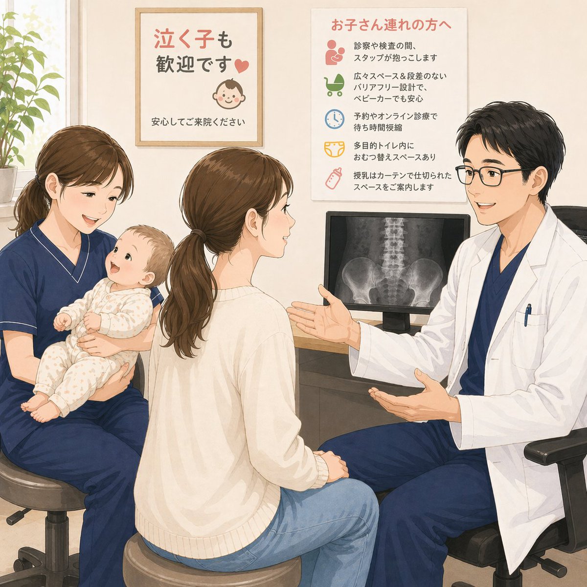 「子どもがいると病院に行きにくい…」そんなハードルを少しでも下げられたらと思っています。
当院では、お子さん連れの方も安心して受診できるよう、以下の取り組みを行っています。
✅ 泣いても大丈夫！ 温かい雰囲気づくり 
✅ 診察中・検査中もしっかりサポート！ スタッフによる抱っこ 
✅