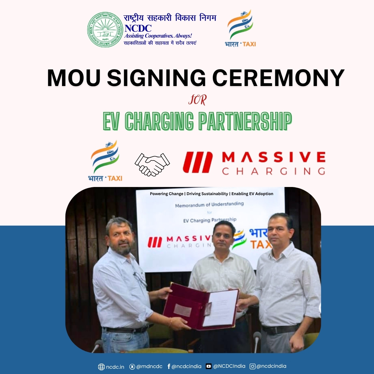 Bharat Taxi has signed an MoU with Massive Mobility Private Limited (MMPL) to strengthen electric vehicle (EV) adoption across its Sarathi Network.

This collaboration aims to accelerate India’s transition to EVs by integrating charging infrastructure, financial support, and
