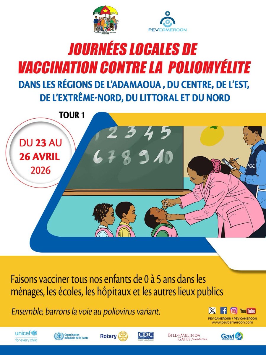 Asitchoma's tweet photo. 3,1 millions de décès sont évités chaque année grâce à la vaccination.
La campagne de vaccination contre la poliomyélite, en épidémie au Cameroun et dans les pays voisins démarre ce 23avril dans 6régions
#SAVCMR26
#T1JLVPolio26
#PEVCAMEROON
#HaltePolio237 https://t.co/8MvOHVeY6S