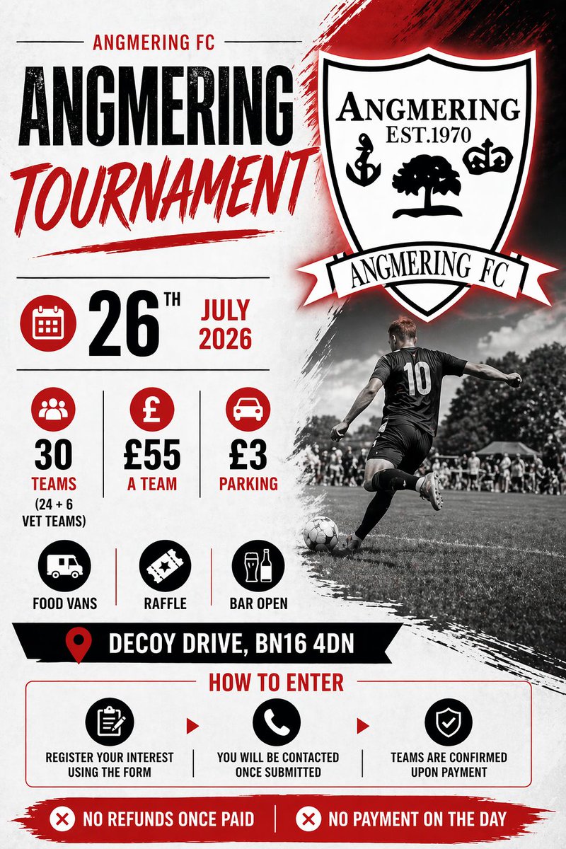 AngmeringFC__'s tweet photo. 🚨 TEAM ENTRIES OPEN 🚨
MENS AND VETS 

Angmering FC Tournament
📅 26th July 2026

⚽️ 24 open age teams 
⚽ 6 vets teams 
💷 £55 per team
🍔 Food • 🎟 Raffle • 🍻 Bar open

Secure your spot 👇
https://t.co/aQRxlWMThf https://t.co/xHcBU8Xp1G