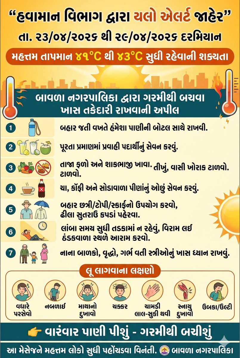 *Bavla Municipality* દ્વારા શહેરીજનોને ગરમીથી બચવા ખાસ તકેદારી રાખવા અપીલ કરવામાં આવે છે 
*👉 વારંવાર પાણી પીશું - ગરમીથી બચીશું*
#yellowalert #HeathWave #bavla