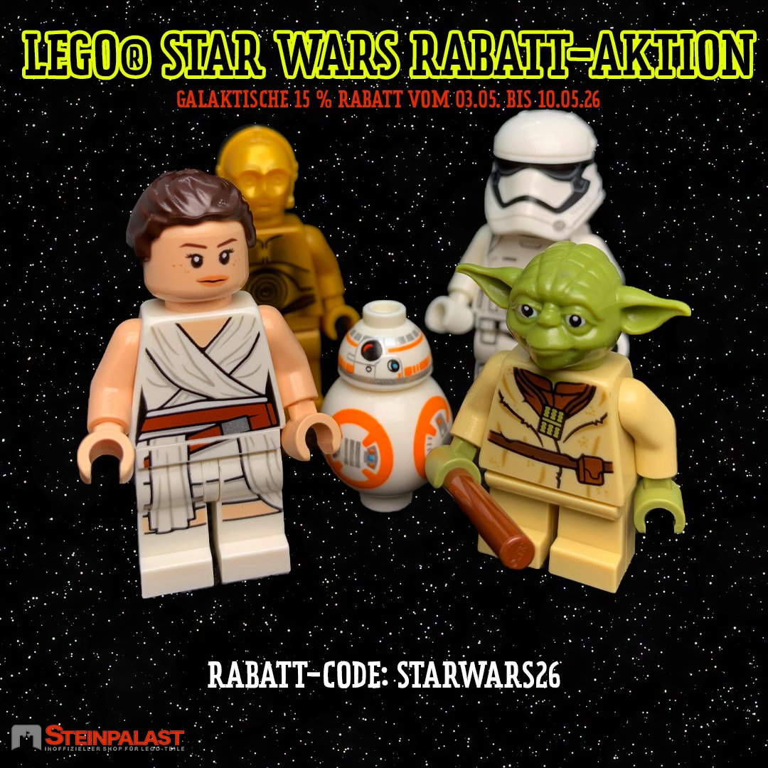 steinpalast's tweet photo. LEGO® STAR WARS-Rabatt-Aktion vom 3.5. bis 10.5.26

🚀 15 % Rabatt zur LEGO® STAR WARS Aktion!
Vom 3.–10. Mai sparen mit Code: STARWARS26 
👉 https://t.co/FeJEuDMEMY

Auf unser gesamtes Sortiment – ausgenommen Kiloware 😉

Möge die Macht mit euch sein! 
#MayTheFourth #Steinpalast https://t.co/w5SrlAnUC3