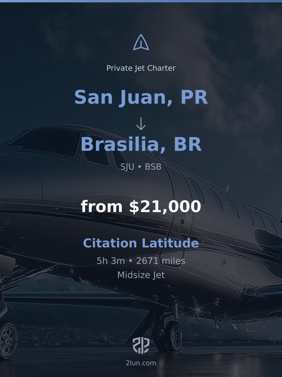 2lunjet's tweet image. 🇵🇷 San Juan → Brasilia 🇧🇷
Private Jet Charter

5h 3m | 2671 miles | From $21,000

Book your flight:
2lun.com/route/tjsj/sbbr

#VIPTravel #AvGeek #FlyPrivate