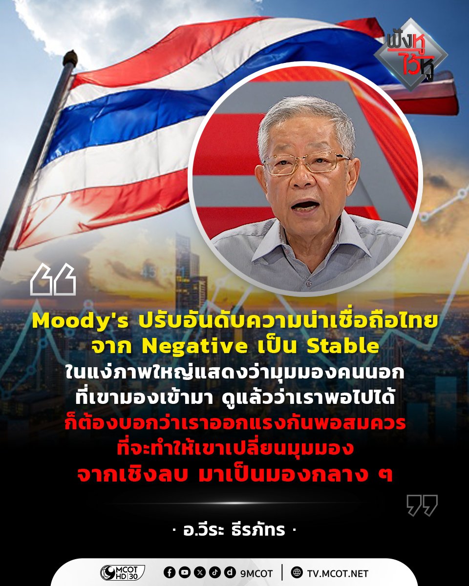 9_mcot's tweet image. Moody's ปรับอันดับความน่าเชื่อถือไทยจาก Negative เป็น Stable ในแง่ภาพใหญ่แสดงว่ามุมมองคนนอกที่เขามองเข้ามา ดูแล้วว่าเราพอไปได้ ก็ต้องบอกว่าเราออกแรงกันพอสมควรที่จะทำให้เขาเปลี่ยนมุมมองจากเชิงลบ มาเป็นมองกลาง ๆ

อ.วีระ ธีรภัทร
#ฟังหูไว้หู #Moodys