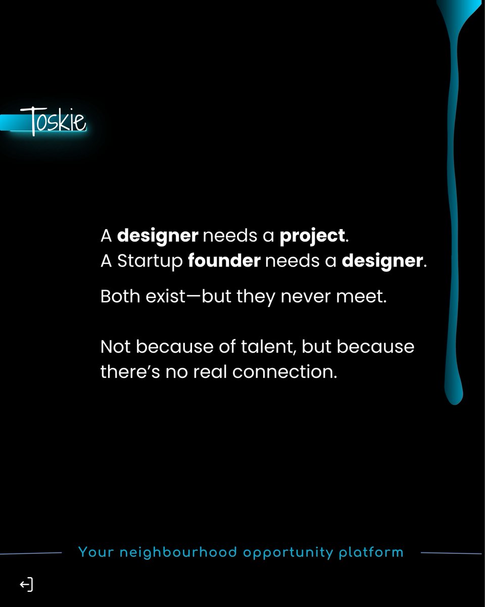 ToskieConnect's tweet image. A designer is looking for a project.
A Startup founder is looking for a designer.
Both exist, but they never meet.
Not because of lack of talent—
But because no system connects the right people at the right time.
#TeamUp #Collaboration #Creators #Founders #Designers #StartupLife