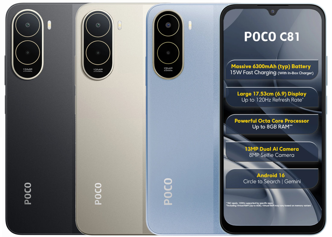 FoneArena's tweet photo. POCO C81X and C81 with 120Hz display, up to 6300mAh battery launched in India starting at Rs. 9999 https://t.co/bvJXiupCfa #POCOC81 #POCOC81X https://t.co/1nsOJr2dsa