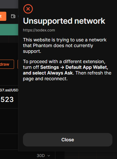 TrueProtocol's tweet photo. @So_Points @SoSoValueCrypto got this error while connecting wallet to sodex. using phantom wallet https://t.co/xWPgaib0W6