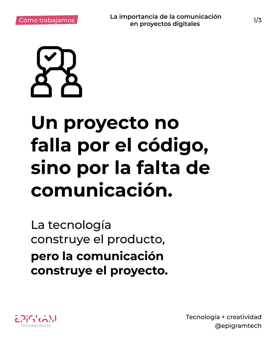 EpigramTech's tweet photo. Los proyectos digitales no fallan por el código, sino por la comunicación.
Checklist básico:
🔹 Objetivos bien definidos
🔹 Comunicación constante
🔹 Problemas detectados a tiempo
🔹 Adaptación sin perder foco
La tecnología crea el producto. La comunicación, el proyecto. https://t.co/OSHAncGJTR