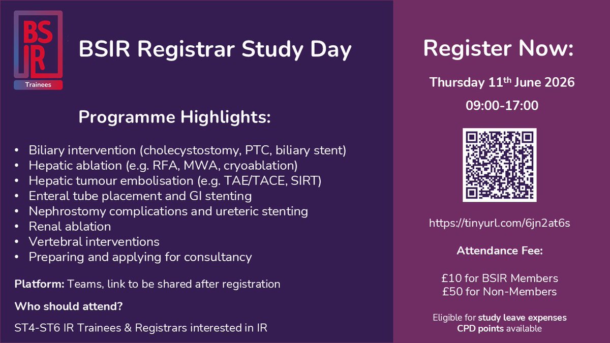 TraineesBSIR's tweet photo. Registration is now open for the 2nd BSIR Registrar Study Day. Focus: non-vascular and oncological interventions, aligned with the EBIR curriculum. Thu 11 June, 09:00–17:00, online via Teams. £10 members / £50 non-members: https://t.co/BpL6wV35n9 https://t.co/1kvpAmxW7t