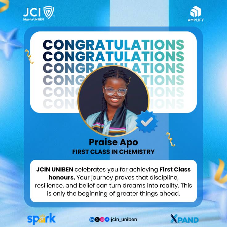 jci_uniben's tweet image. From the lab to a legacy of excellence.

Congrats, Praise Apo, on a First Class in Chemistry. Your curiosity, resilience, and dedication turned effort into outstanding success. Keep breaking boundaries! 🌟

#XPAND
#ASCEND
#ELV8
#JCINUNIBEN
#JCINigeriaCollegiate
#JCINigeria
#JCI
